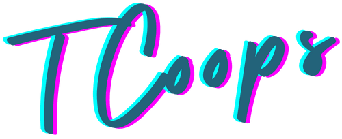The text "TCoop8" is displayed in a vibrant, stylized font featuring a gradient of teal and pink colors, with a playful, modern design. The letters have a dynamic, flowing appearance, suggesting a creative or artistic theme.